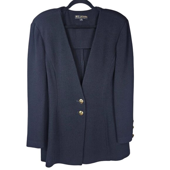 St. John Santana Knit Long Black Sweater Jacket 16 Gold Button Structured Formal